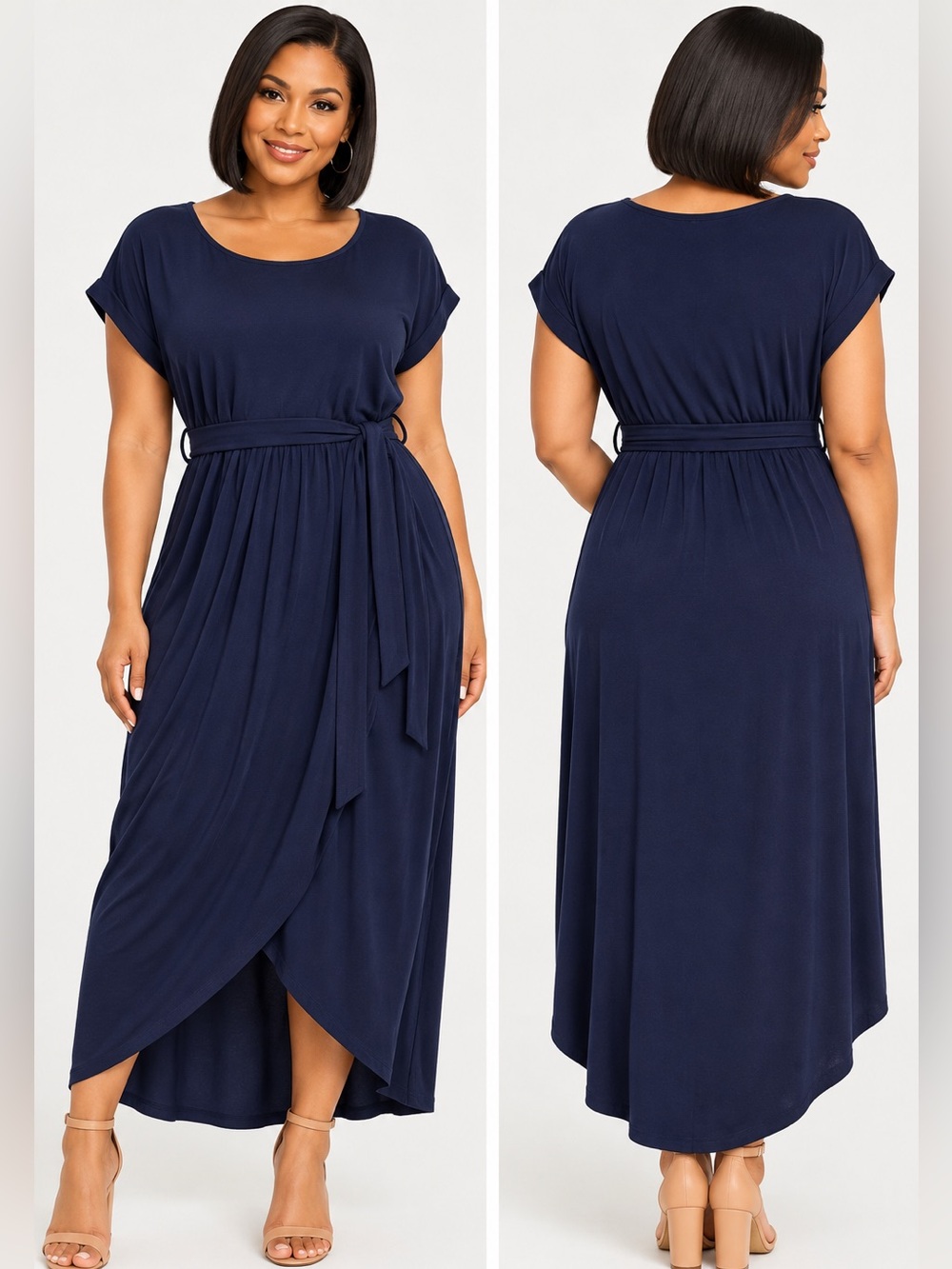 Women's Navy Wrap Maxi Dress with Tie Waist